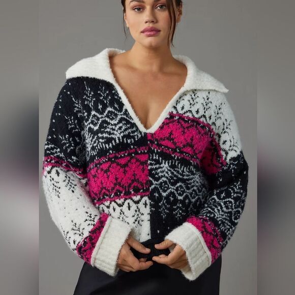 Anthropologie Pilcro V-Neck Fuzzy Printed Popover Sweater Size 1X - Picture 6 of 16